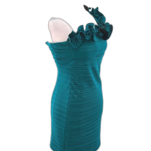 XOXO Y2K Teal Ruffle Rose Bodycon One Shoulder Mini Dress Size Small - Picture 2 of 9
